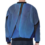 Blue Feather Print Zip Sleeve Bomber Jacket