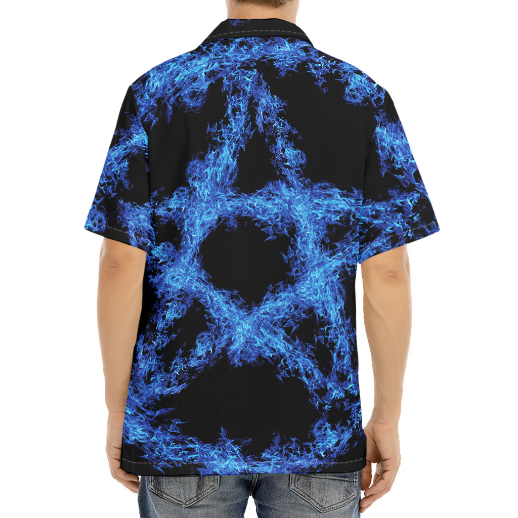 Blue Flame Pentagram Print Aloha Shirt