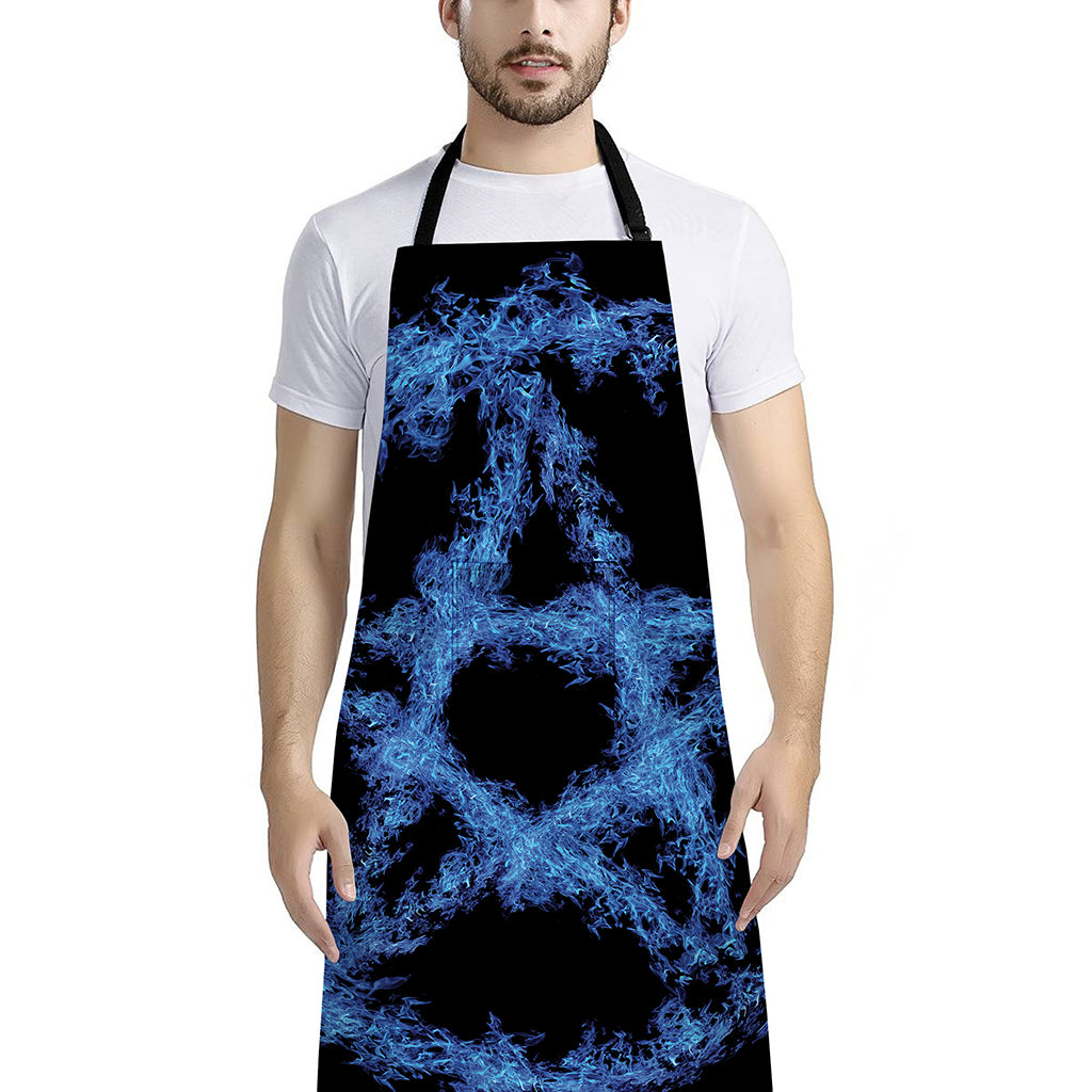 Blue Flame Pentagram Print Bib Apron With Pocket