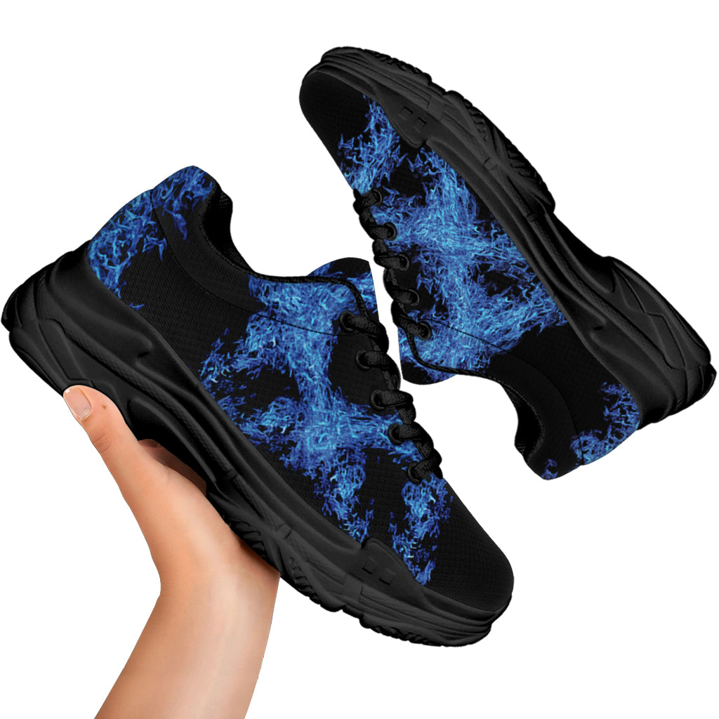 Blue Flame Pentagram Print Black Chunky Shoes