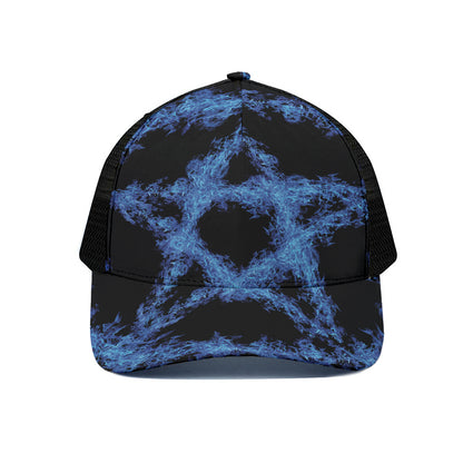 Blue Flame Pentagram Print Black Mesh Trucker Cap