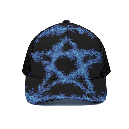 Blue Flame Pentagram Print Black Mesh Trucker Cap