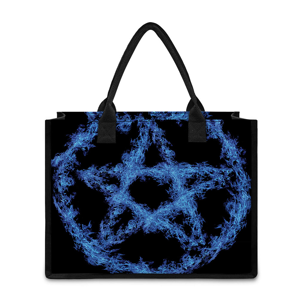 Blue Flame Pentagram Print Canvas Tote Bag