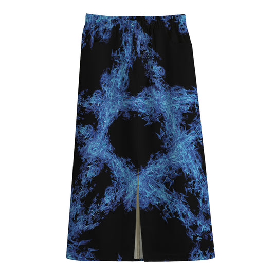 Blue Flame Pentagram Print Cotton Front Slit Maxi Skirt