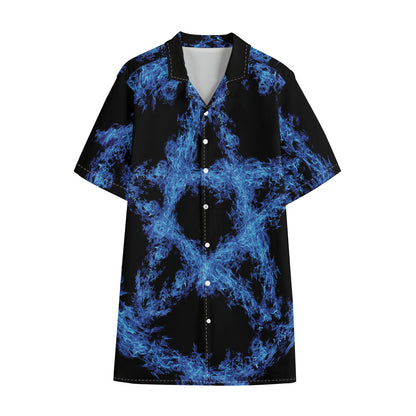 Blue Flame Pentagram Print Cotton Hawaiian Shirt