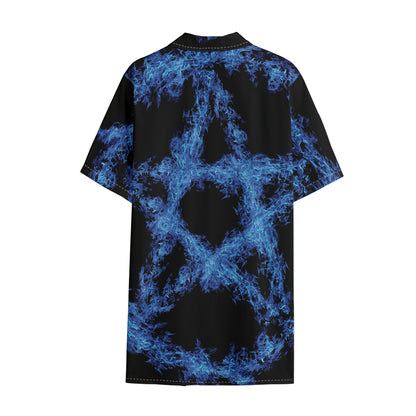 Blue Flame Pentagram Print Cotton Hawaiian Shirt