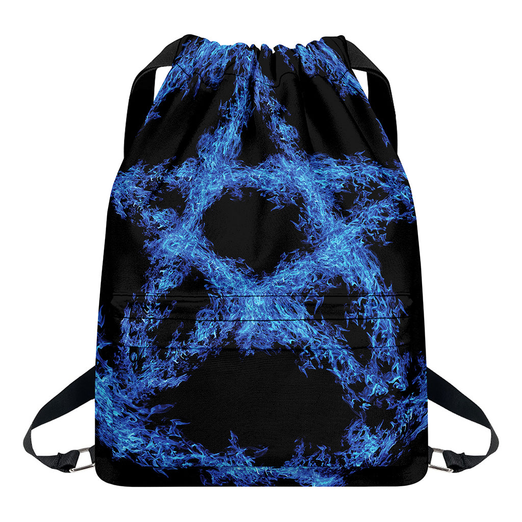 Blue Flame Pentagram Print Drawstring Backpack