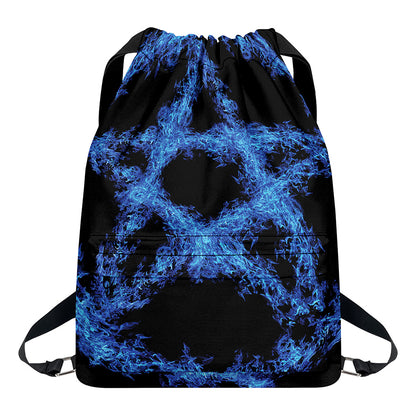 Blue Flame Pentagram Print Drawstring Backpack