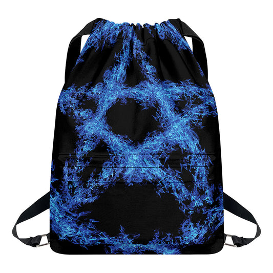 Blue Flame Pentagram Print Drawstring Backpack