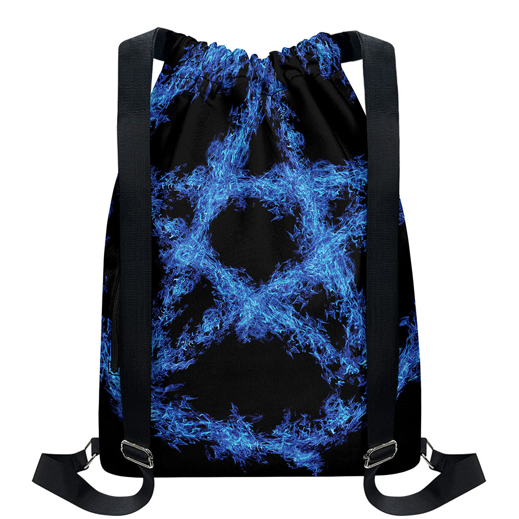 Blue Flame Pentagram Print Drawstring Backpack