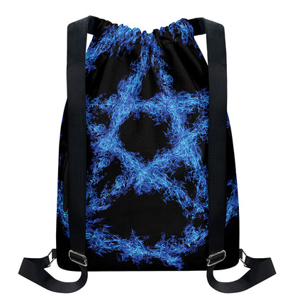 Blue Flame Pentagram Print Drawstring Backpack