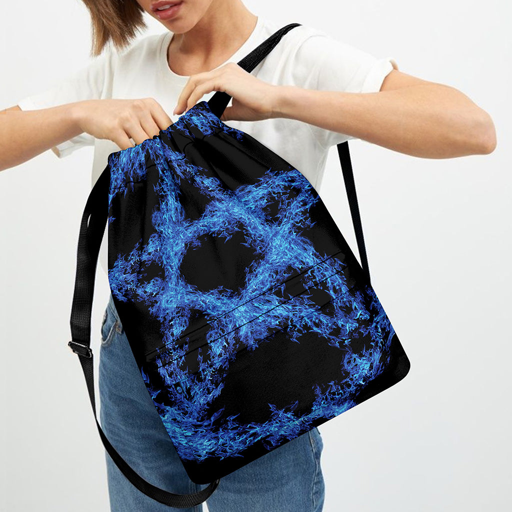 Blue Flame Pentagram Print Drawstring Backpack