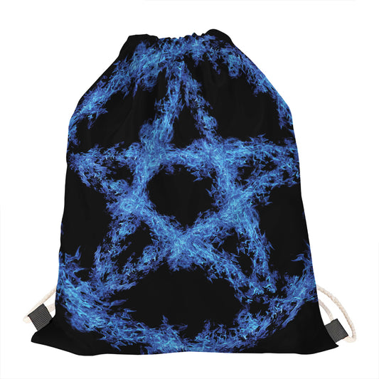 Blue Flame Pentagram Print Drawstring Bag