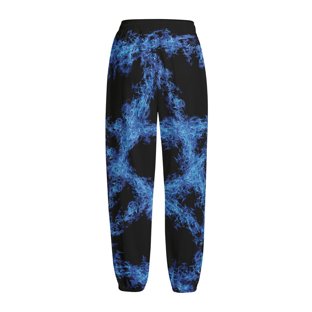 Blue Flame Pentagram Print Fleece Lined Knit Pants