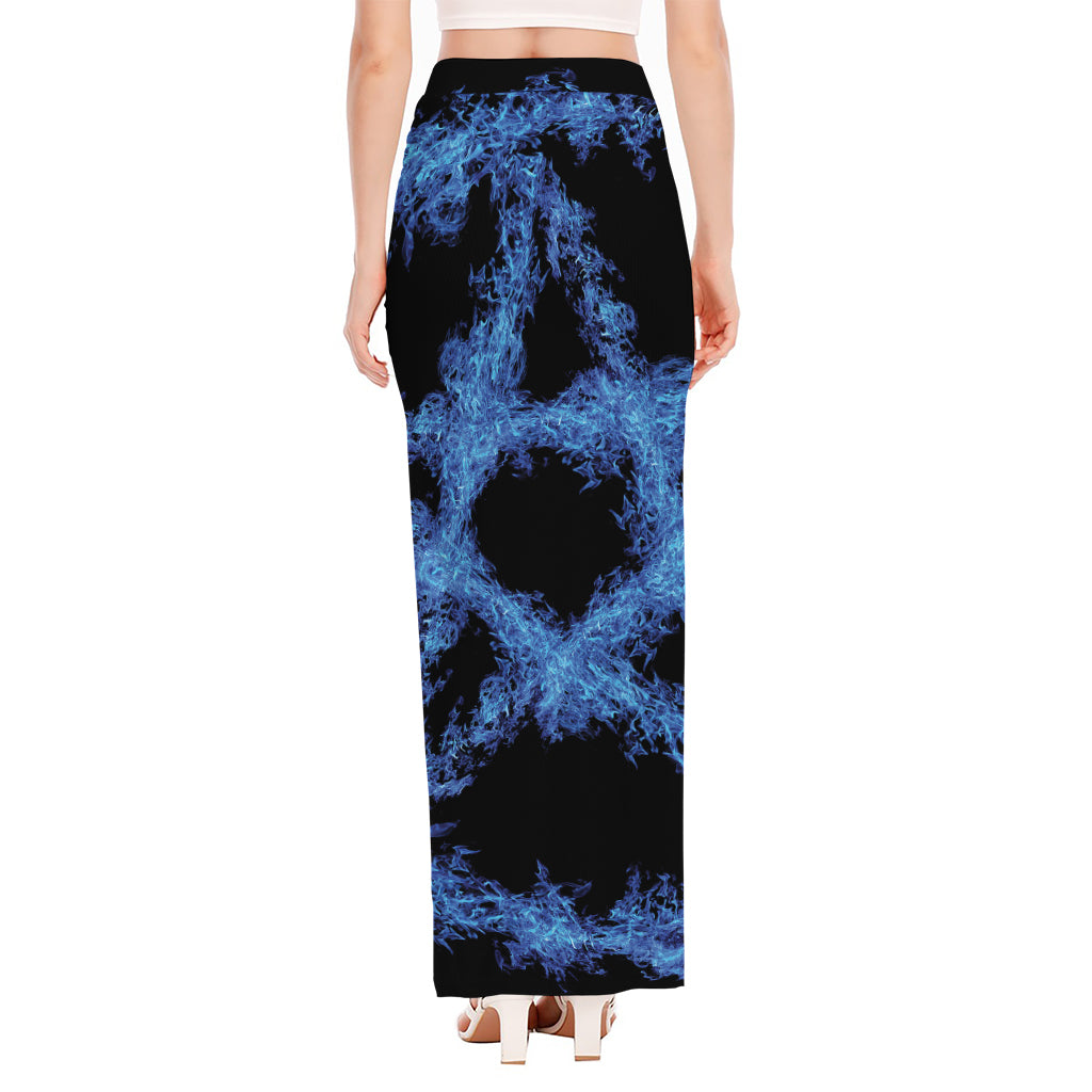 Blue Flame Pentagram Print High Slit Maxi Skirt