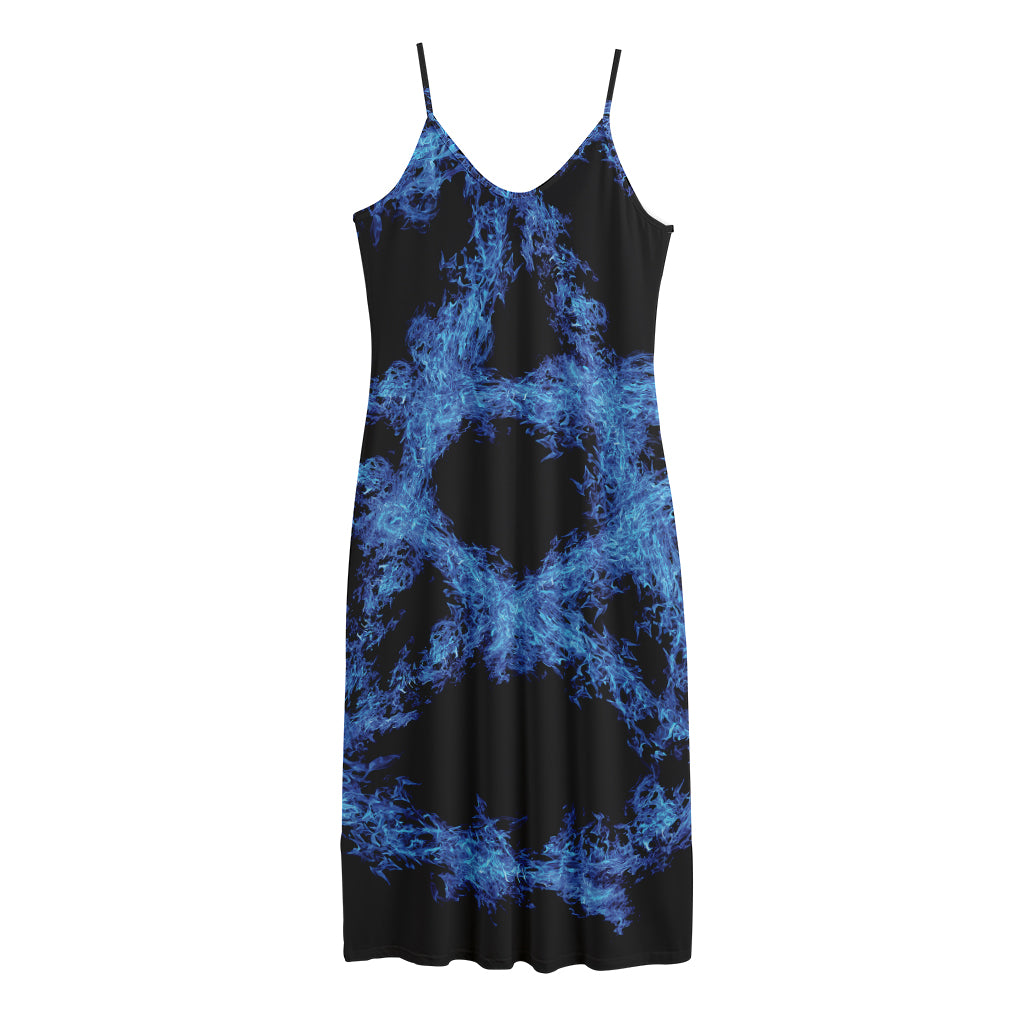 Blue Flame Pentagram Print Jersey Midi Cami Dress