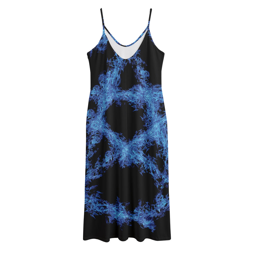 Blue Flame Pentagram Print Jersey Midi Cami Dress