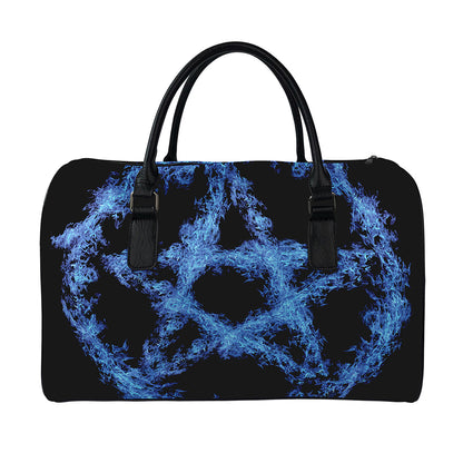Blue Flame Pentagram Print Leather Duffle Bag