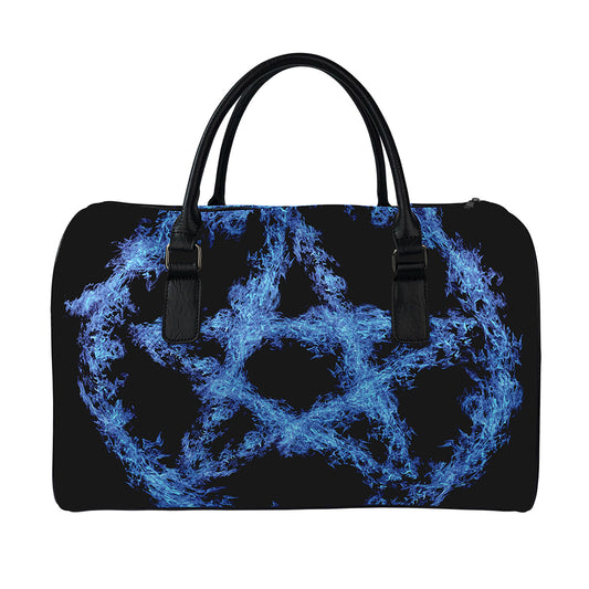 Blue Flame Pentagram Print Leather Duffle Bag
