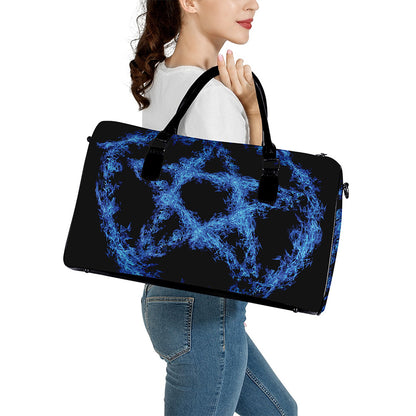 Blue Flame Pentagram Print Leather Duffle Bag