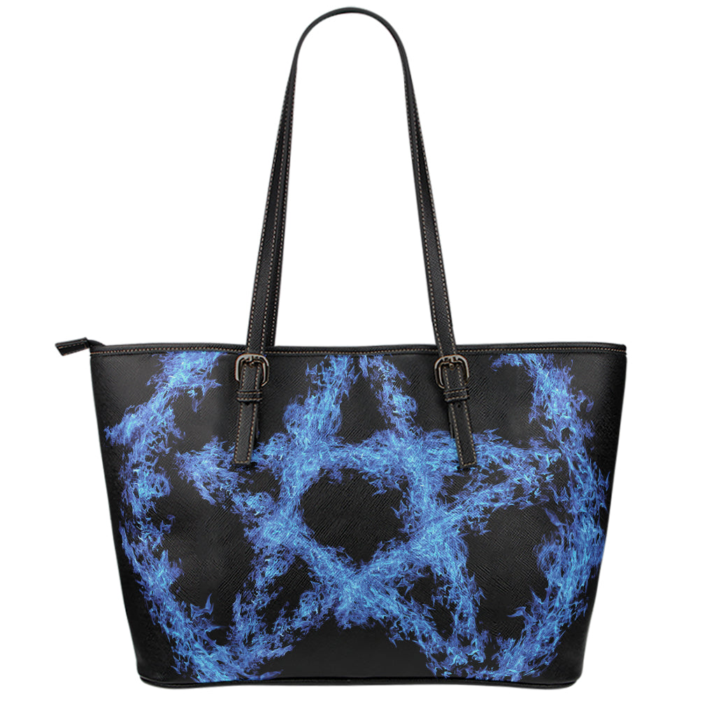 Blue Flame Pentagram Print Leather Tote Bag
