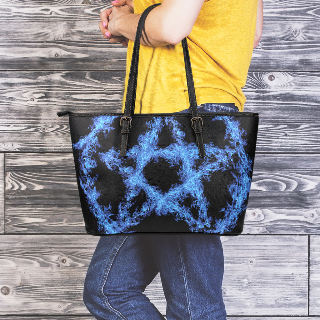 Blue Flame Pentagram Print Leather Tote Bag