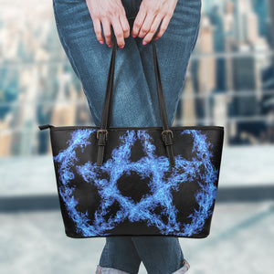 Blue Flame Pentagram Print Leather Tote Bag