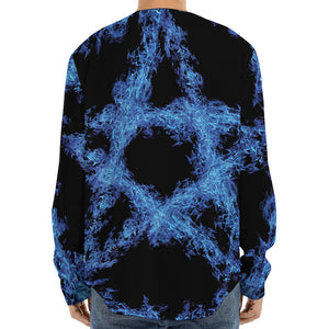 Blue Flame Pentagram Print Long Sleeve Baseball Jersey