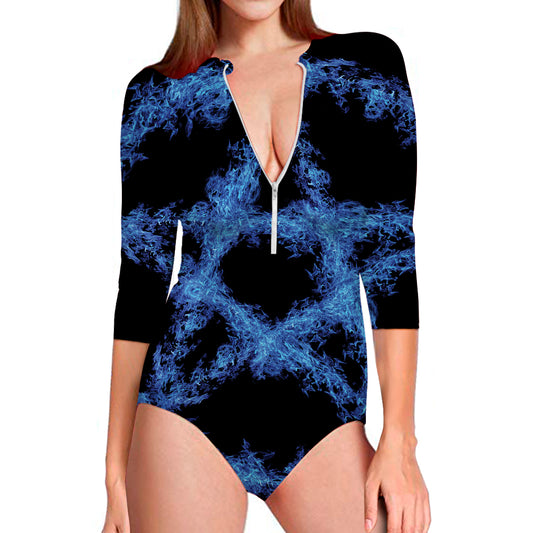 Blue Flame Pentagram Print Long Sleeve Swimsuit