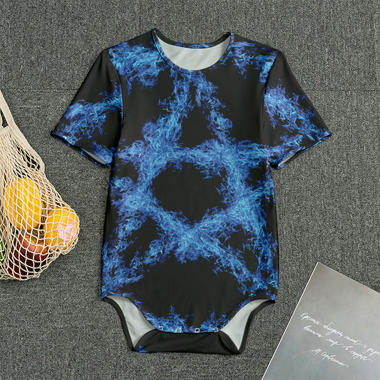 Blue Flame Pentagram Print Men's Bodysuit