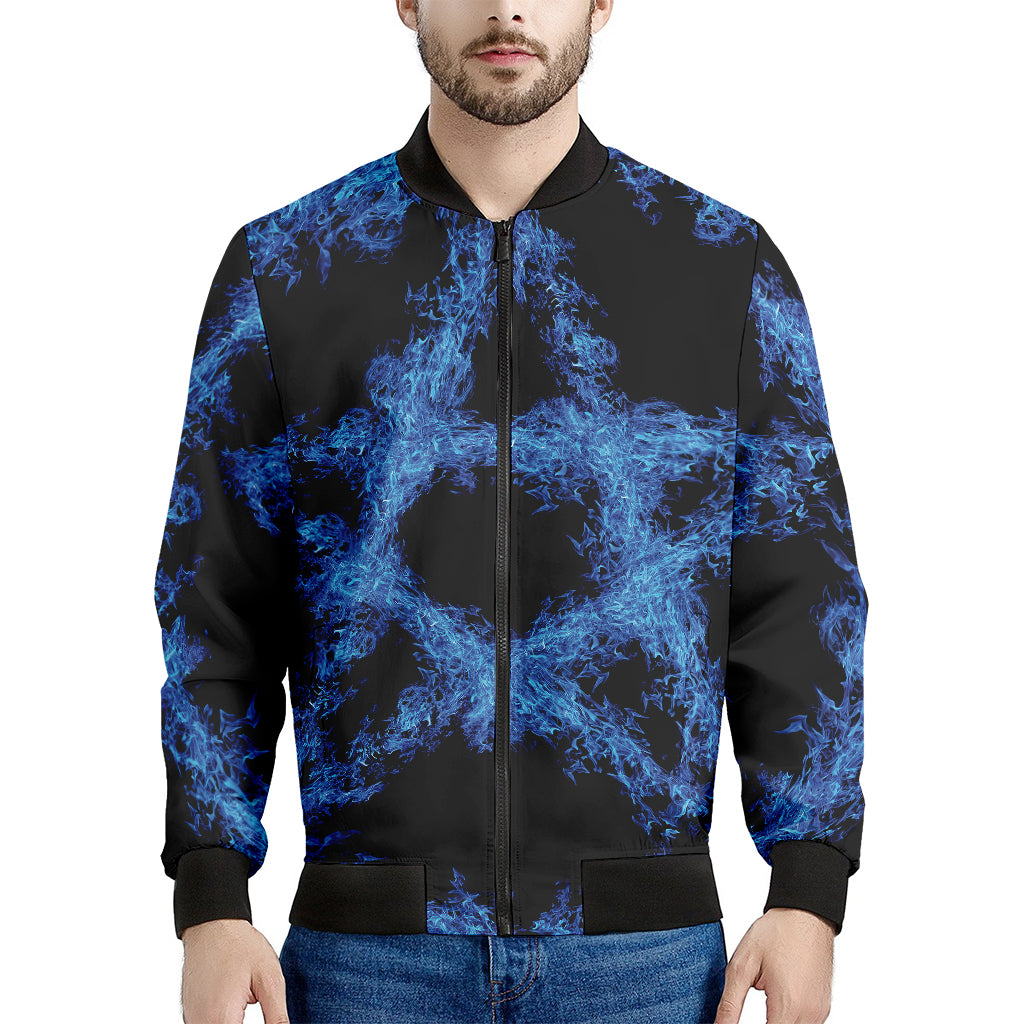 Blue Flame Pentagram Print Men's Bomber Jacket