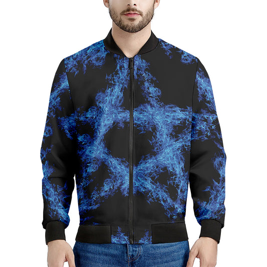 Blue Flame Pentagram Print Men's Bomber Jacket