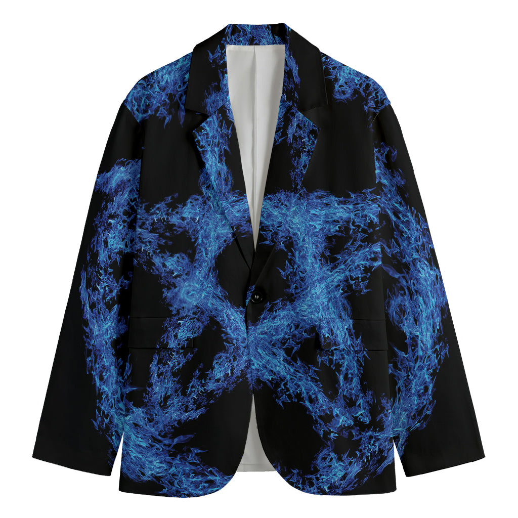 Blue Flame Pentagram Print Men's Cotton Blazer