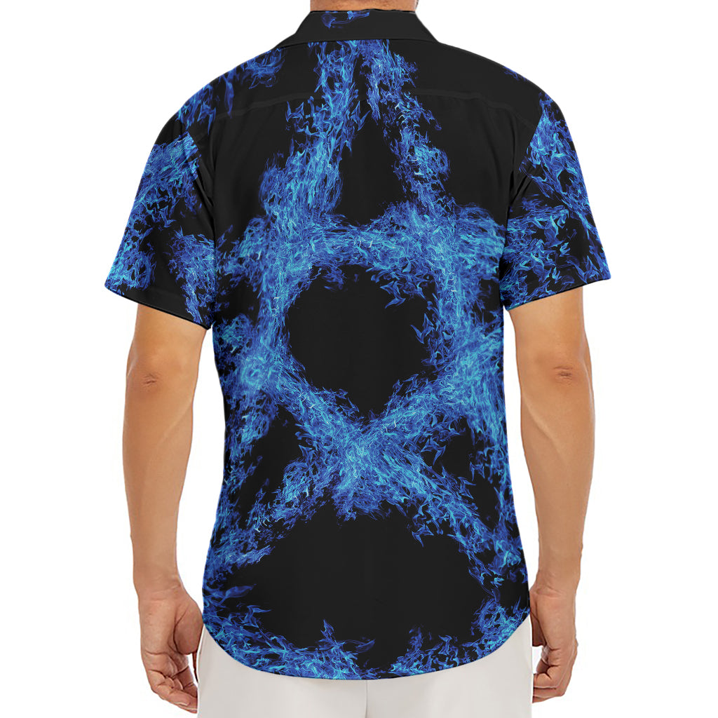 Blue Flame Pentagram Print Men's Deep V-Neck Shirt