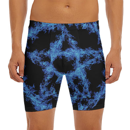 Blue Flame Pentagram Print Men's Long Boxer Briefs