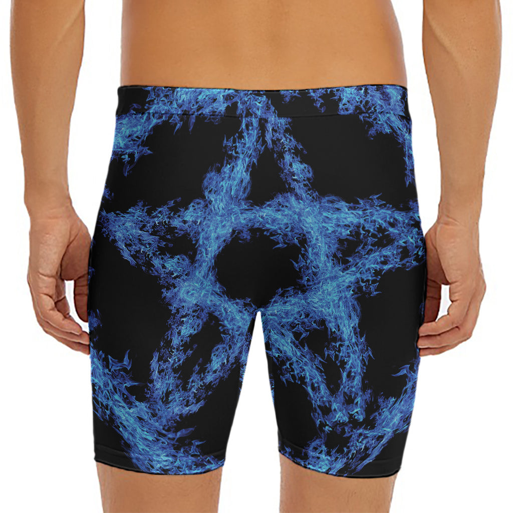 Blue Flame Pentagram Print Men's Long Boxer Briefs