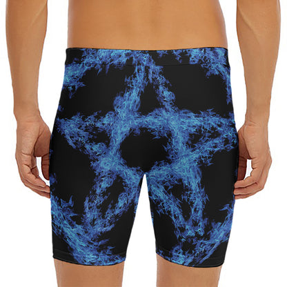 Blue Flame Pentagram Print Men's Long Boxer Briefs