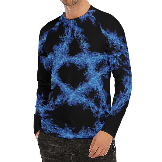 Blue Flame Pentagram Print Men's Long Sleeve Rash Guard