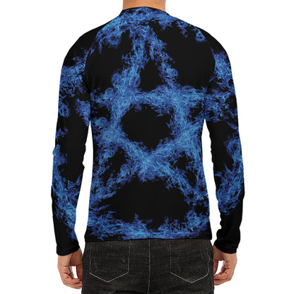 Blue Flame Pentagram Print Men's Long Sleeve Rash Guard