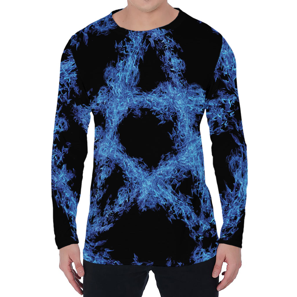 Blue Flame Pentagram Print Men's Long Sleeve T-Shirt