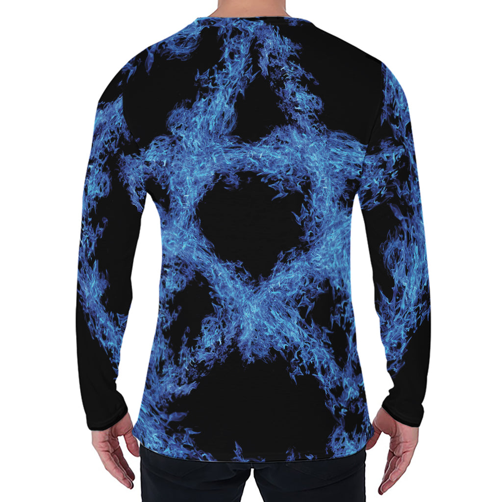 Blue Flame Pentagram Print Men's Long Sleeve T-Shirt
