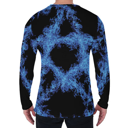Blue Flame Pentagram Print Men's Long Sleeve T-Shirt