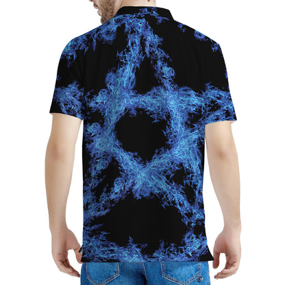 Blue Flame Pentagram Print Men's Polo Shirt