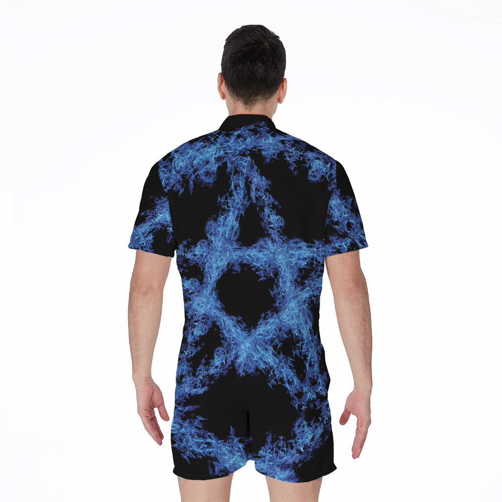 Blue Flame Pentagram Print Men's Rompers