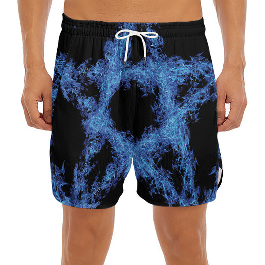 Blue Flame Pentagram Print Men's Split Running Shorts