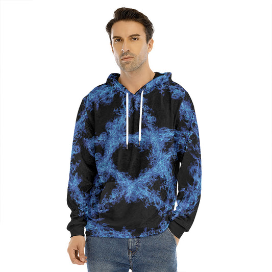 Blue Flame Pentagram Print Men's Velvet Pullover Hoodie