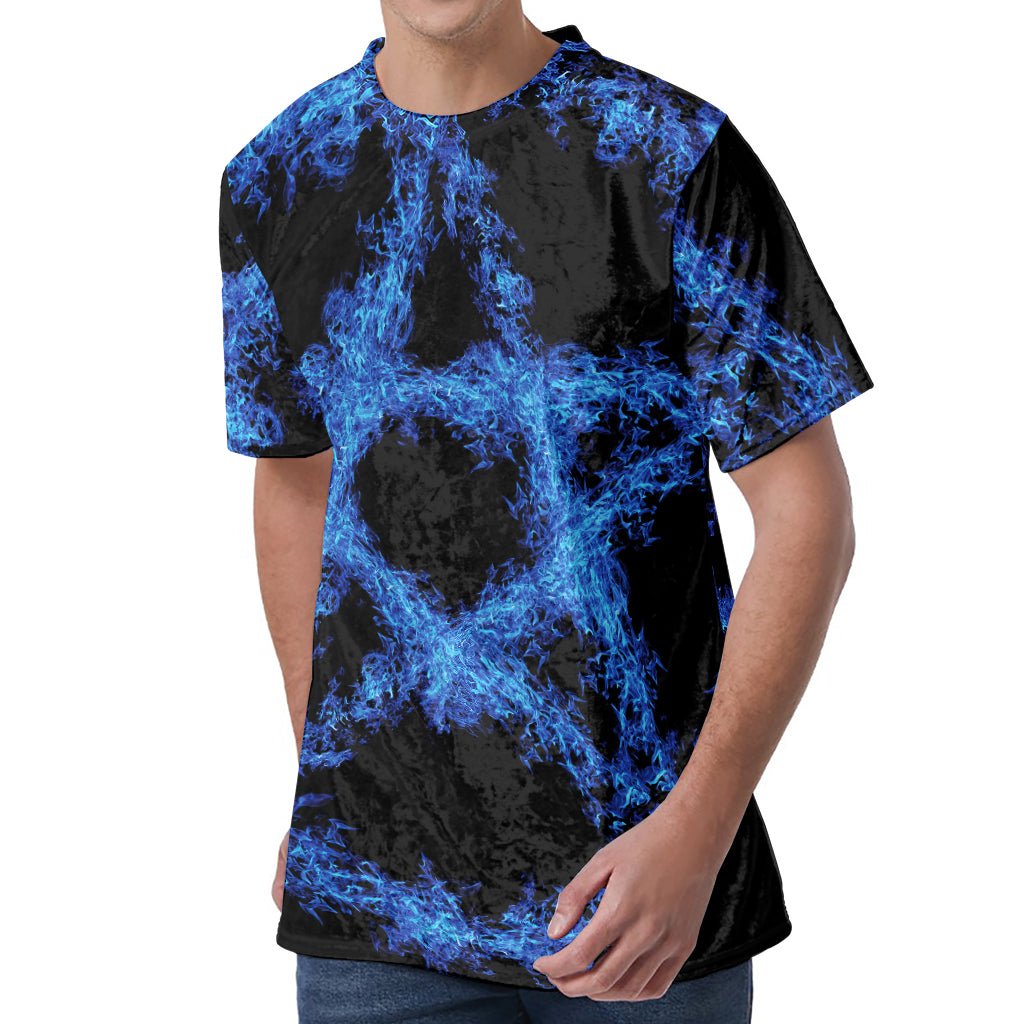 Blue Flame Pentagram Print Men's Velvet T-Shirt