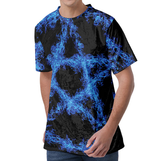 Blue Flame Pentagram Print Men's Velvet T-Shirt