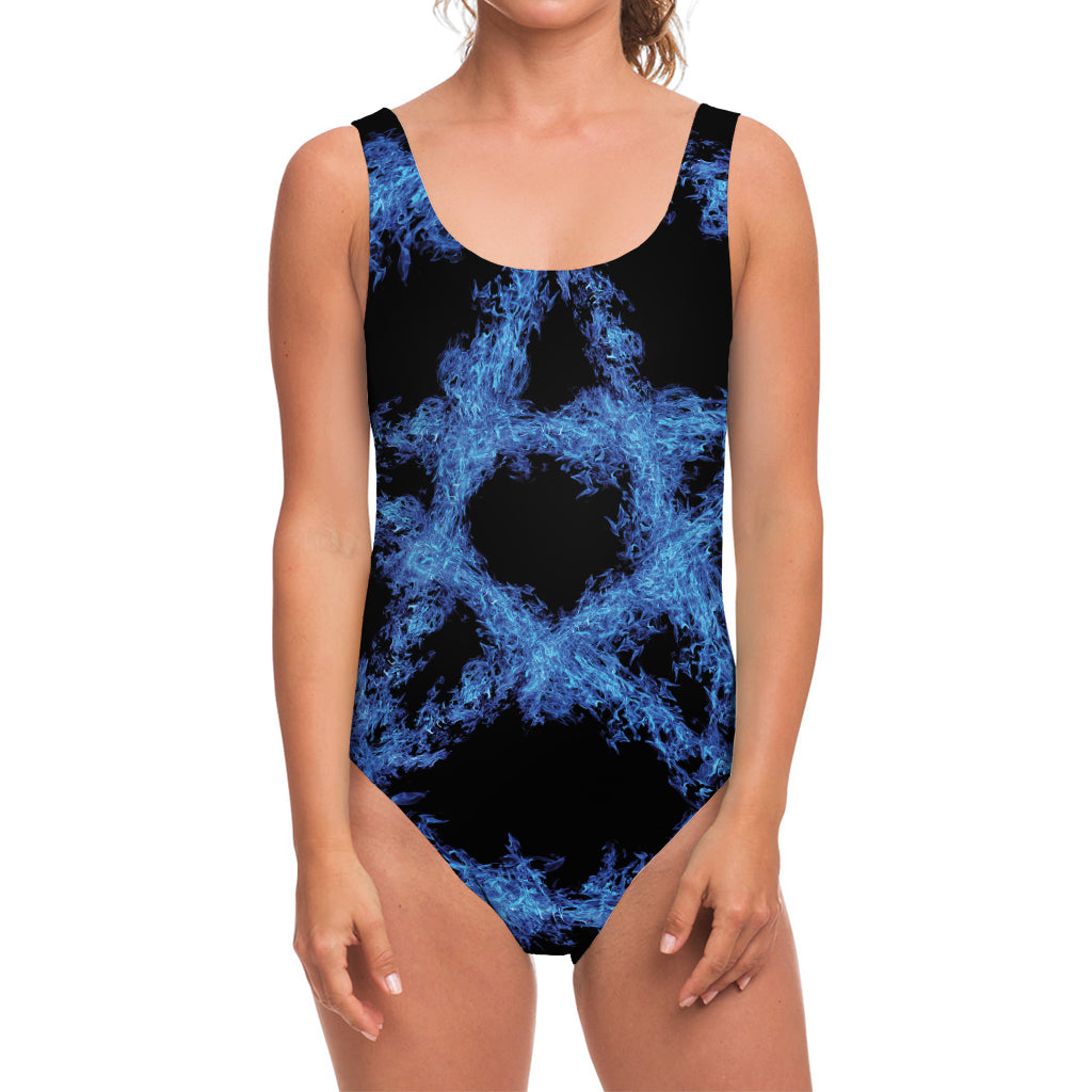 Blue Flame Pentagram Print One Piece Swimsuit