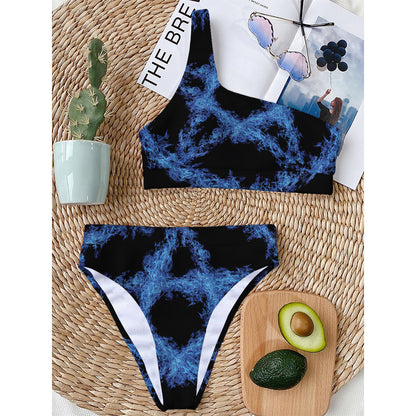 Blue Flame Pentagram Print One Shoulder Bikini Top